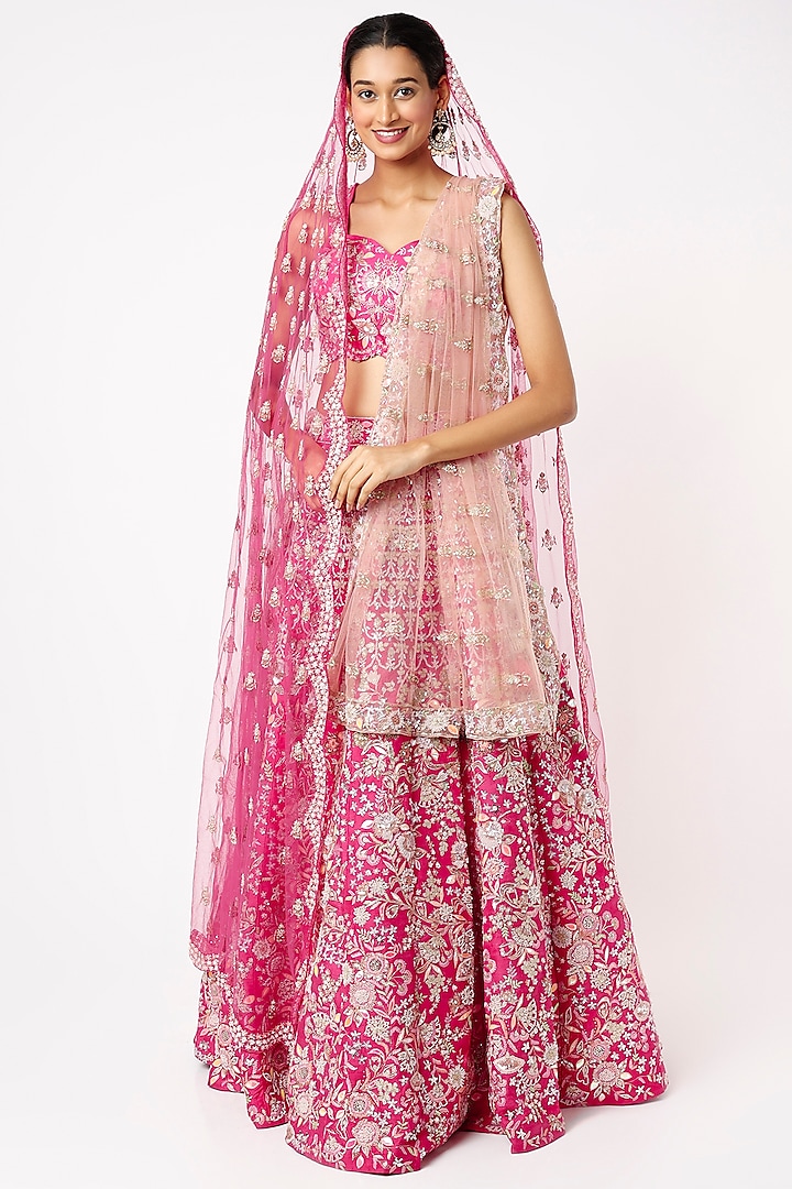 Fuchsia Resham Embellished Bridal Lehenga Set by Kalighata at Pernia's Pop Up Shop