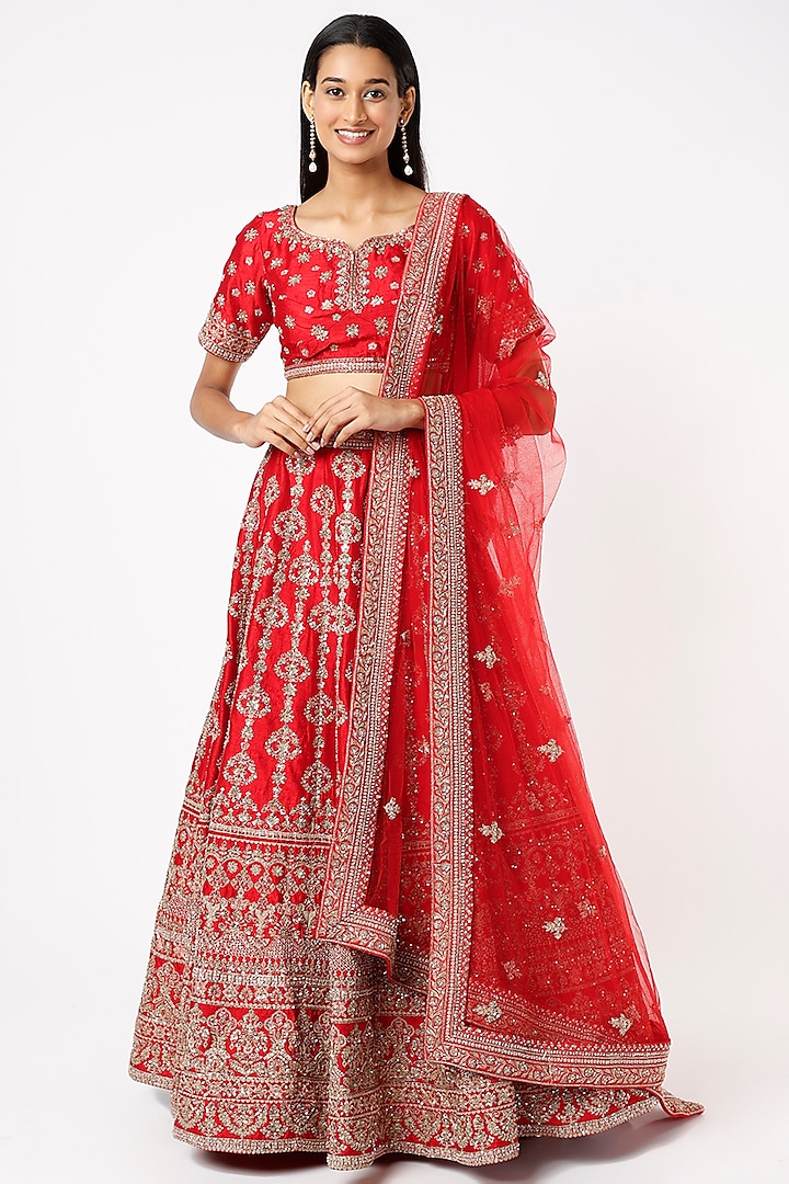 Red Embellished Lehenga Set by Kalighata