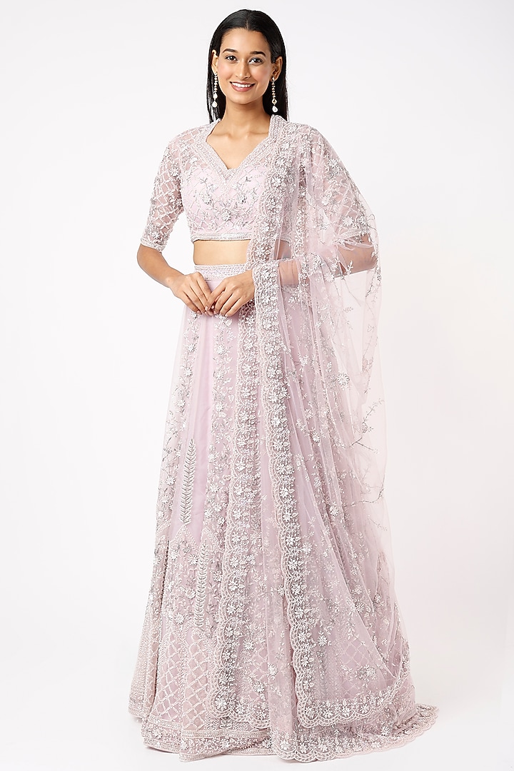 Mauve Hand Embellished Lehenga Set by Kalighata