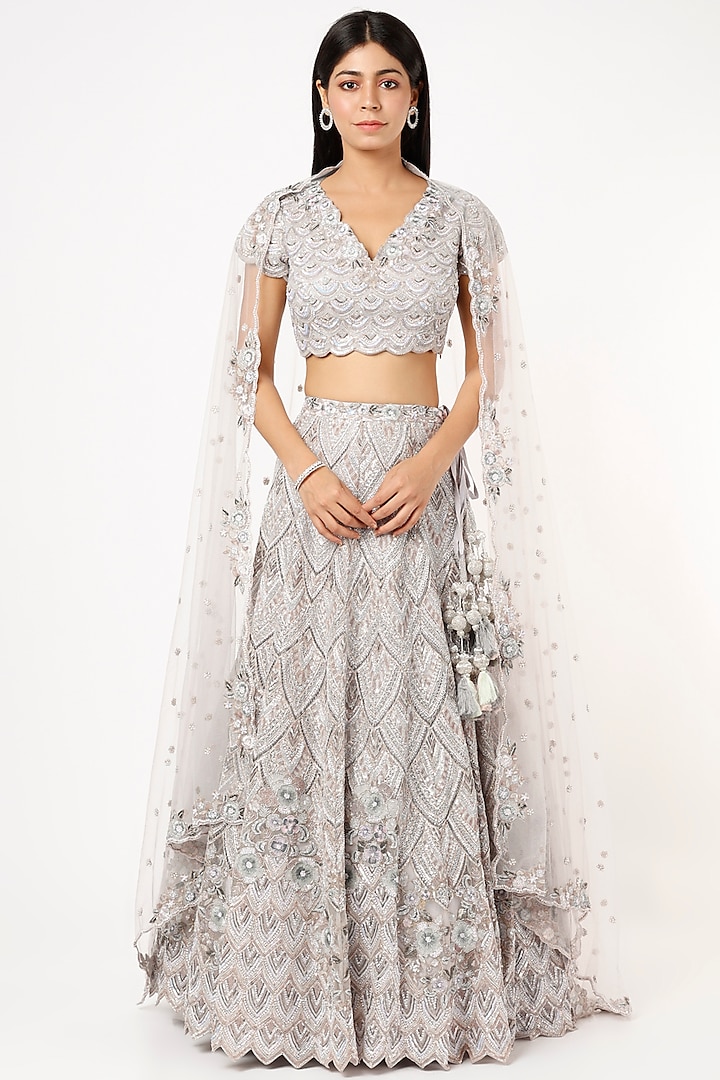 Lilac Net Embroidered Bridal Lehenga Set by Kalighata at Pernia's Pop Up Shop