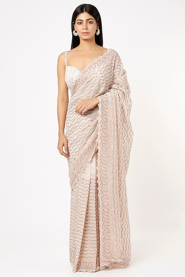 Pink Net Sequins Embroidered Saree Set by Kalighata at Pernia's Pop Up Shop