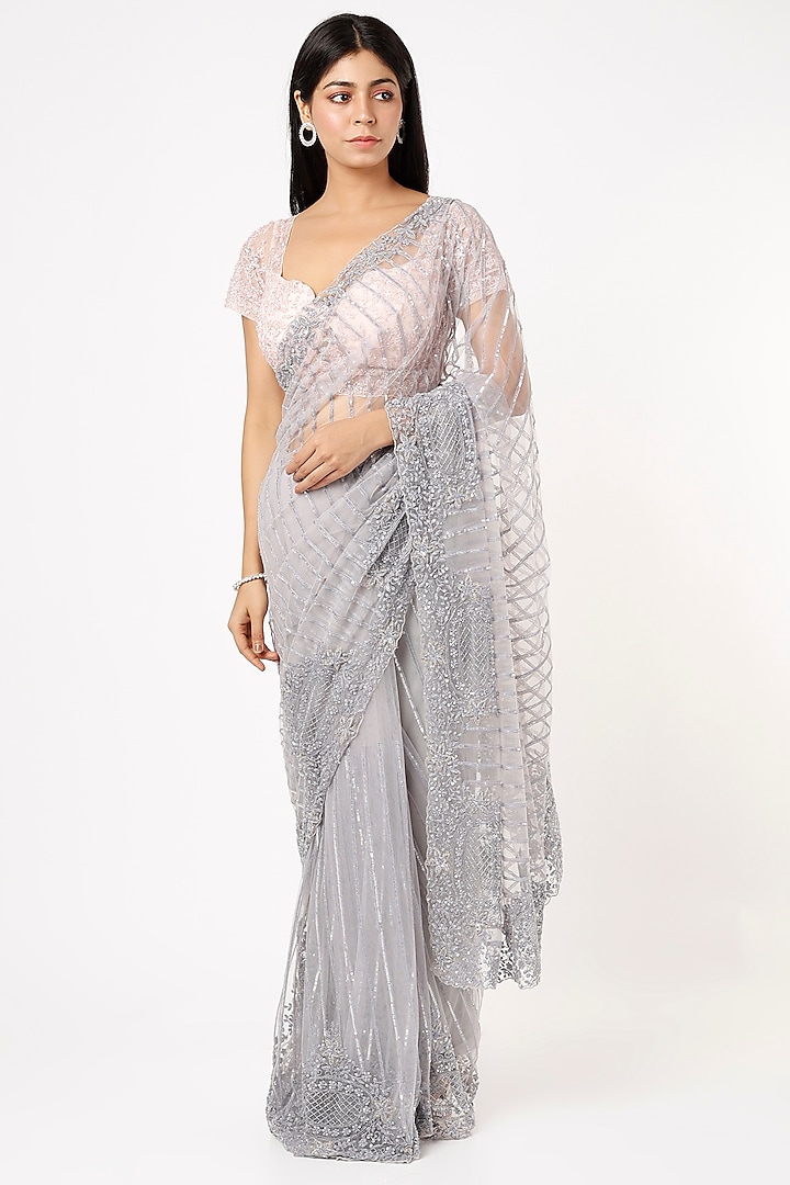 Grey Net Embroidered Saree Set by Kalighata