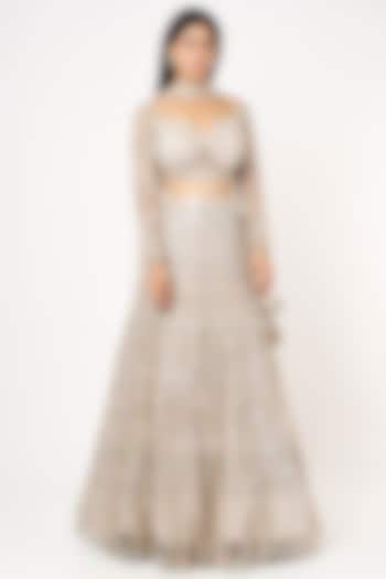 Shimmer Grey Net Embroidered Bridal Lehenga Set by Kalighata at Pernia's Pop Up Shop