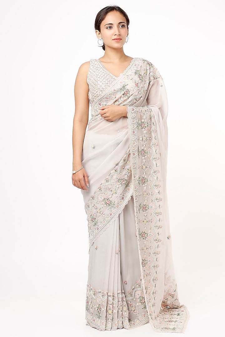 Grey Organza Embroidered Wedding Saree by Kalighata at Pernia's Pop Up Shop