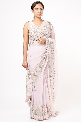 Mauve Organza Resham Embroidered Saree Set by Kalighata