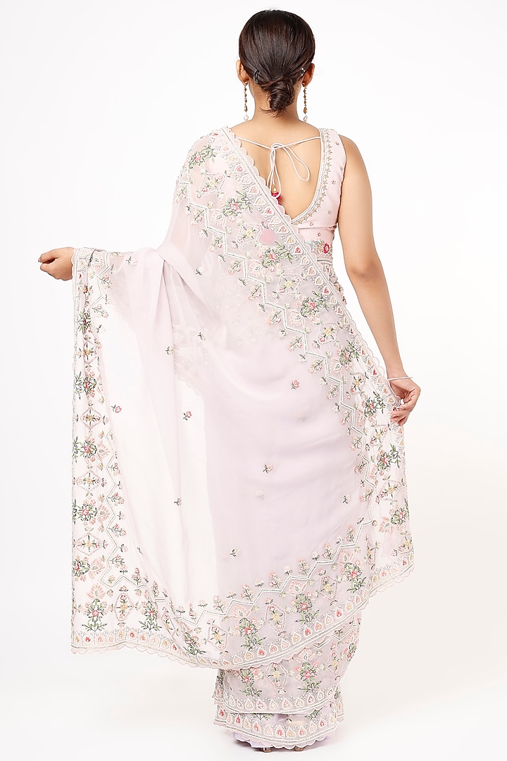 Mauve Organza Resham Embroidered Wedding Saree Set by Kalighata at Pernia's Pop Up Shop