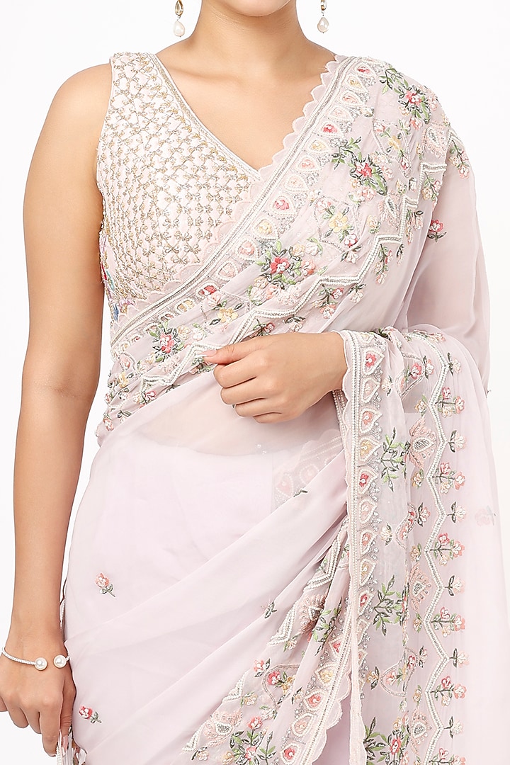 Mauve Organza Resham Embroidered Wedding Saree Set by Kalighata at Pernia's Pop Up Shop