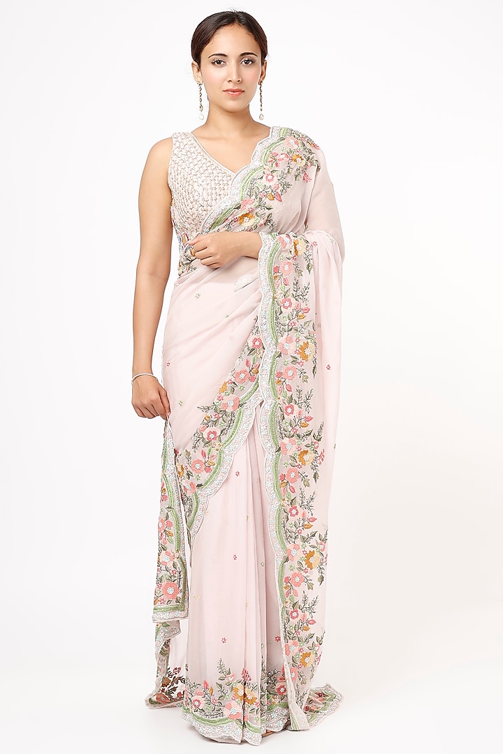 Blush Pink Organza Embroidered Wedding Saree Set by Kalighata at Pernia's Pop Up Shop