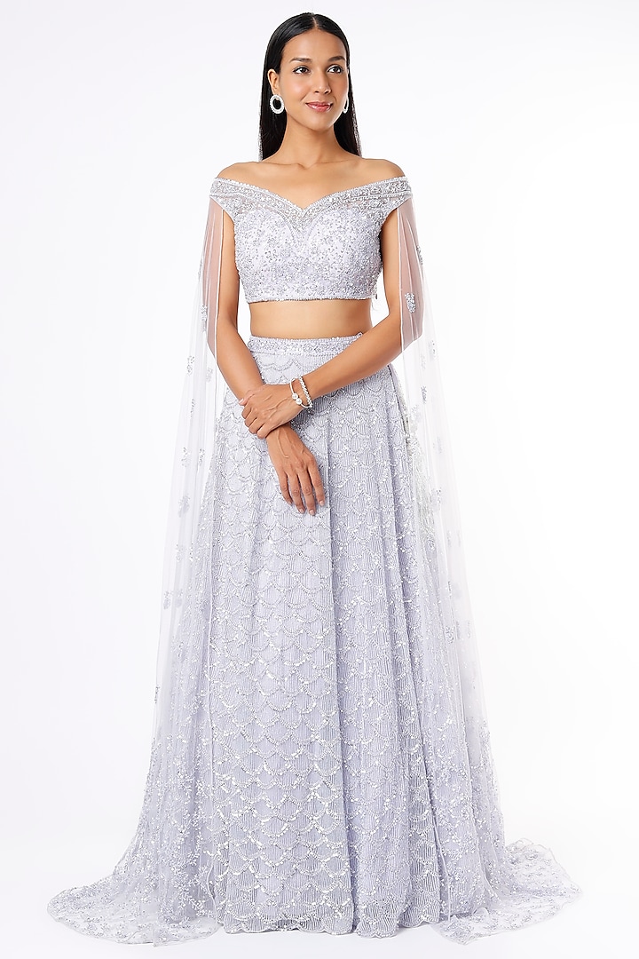 Ice Blue Embroidered Bridal Lehenga Set by Kalighata at Pernia's Pop Up Shop