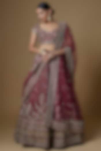 Maroon Raw Silk Embroidered Bridal Lehenga Set by Kalighata at Pernia's Pop Up Shop