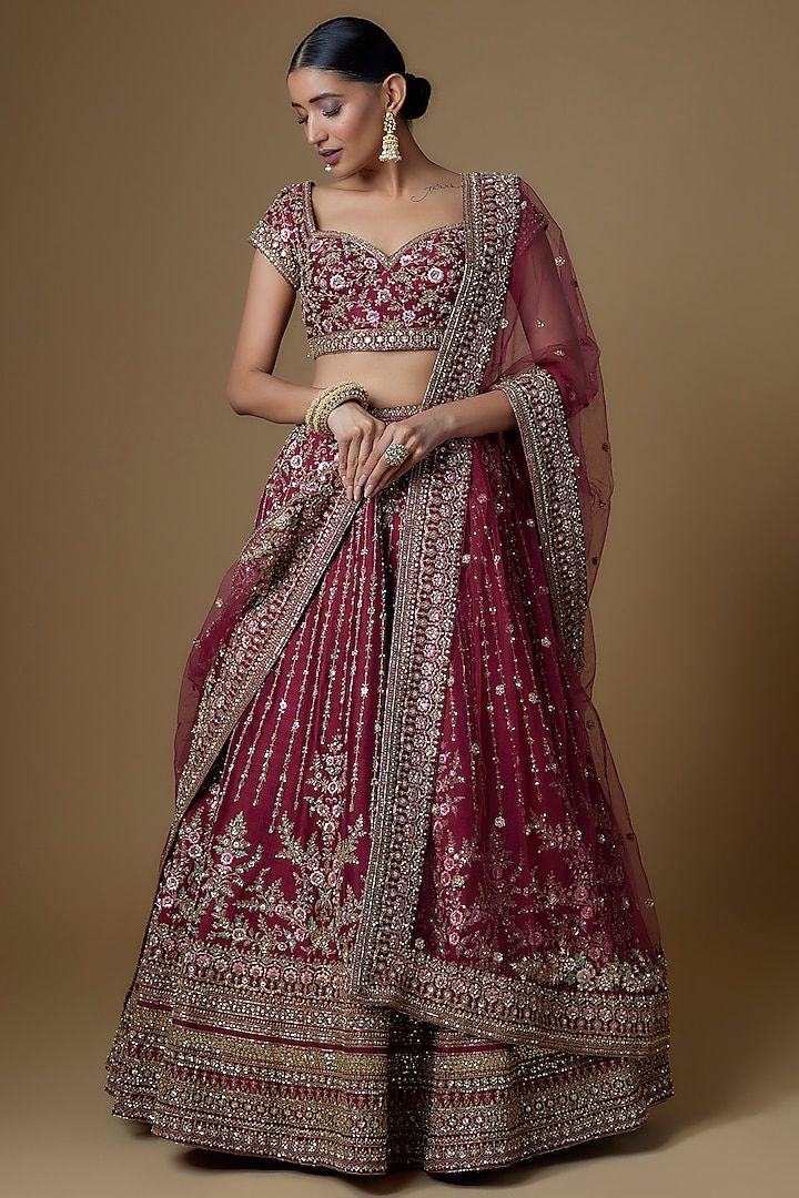Maroon Raw Silk Embroidered Bridal Lehenga Set by Kalighata at Pernia's Pop Up Shop