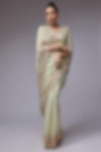 Green Organza Hand Embroidered Reception Saree Set by Kalighata at Pernia's Pop Up Shop