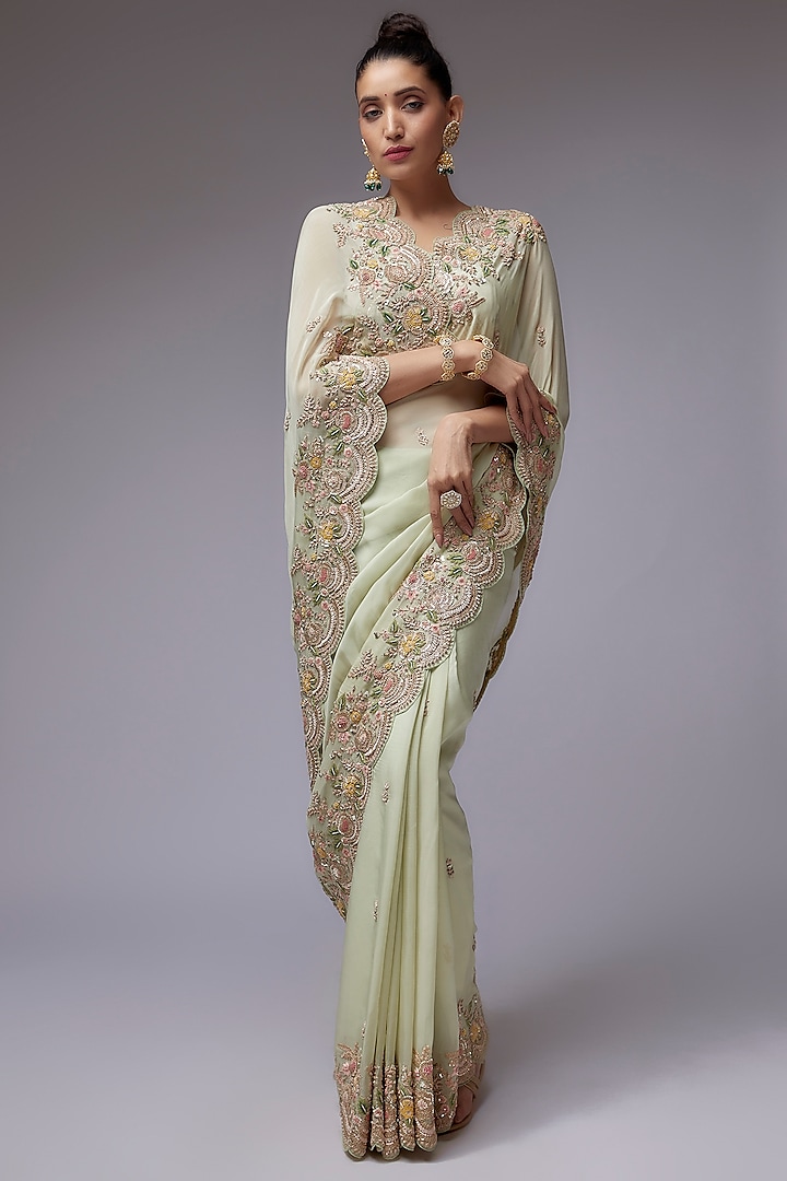 Green Organza Hand Embroidered Reception Saree Set by Kalighata at Pernia's Pop Up Shop