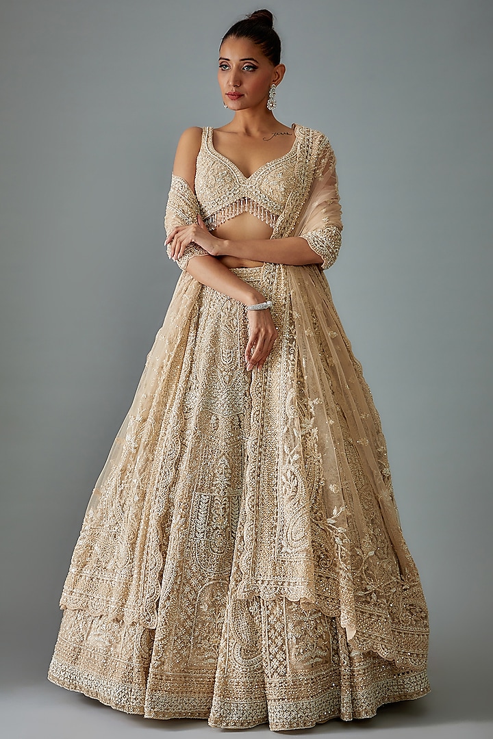 Gold Net Hand Embroidered Bridal Lehenga Set by Kalighata at Pernia's Pop Up Shop