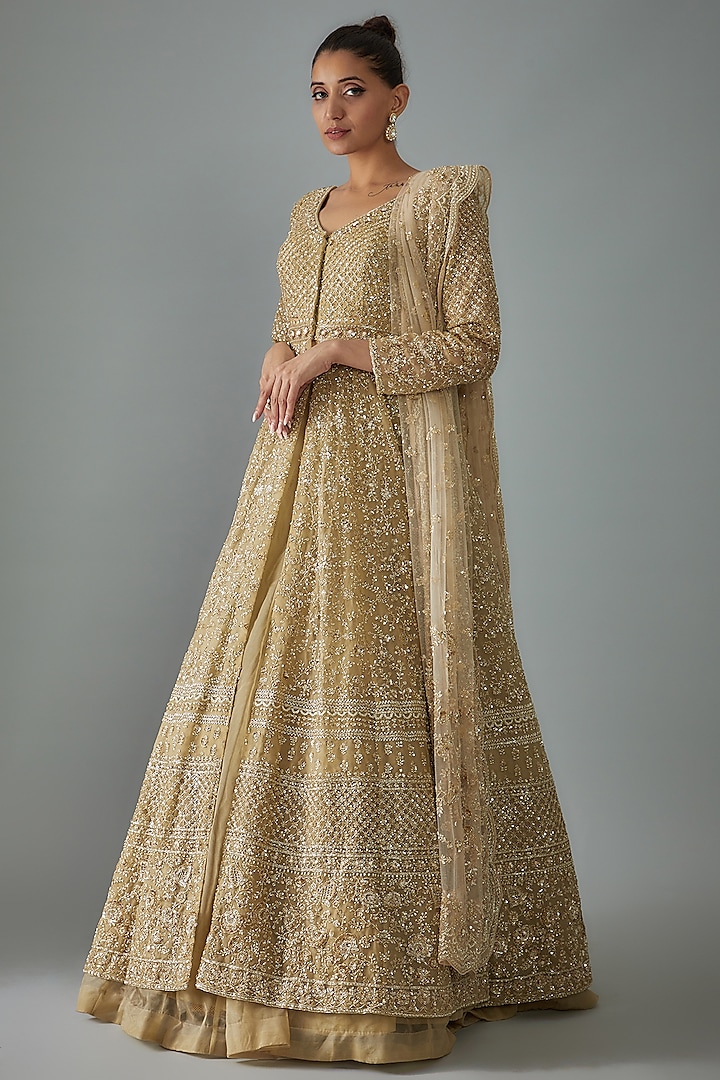 Gold Net Hand Embroidered Jacket Bridal Lehenga Set by Kalighata at Pernia's Pop Up Shop