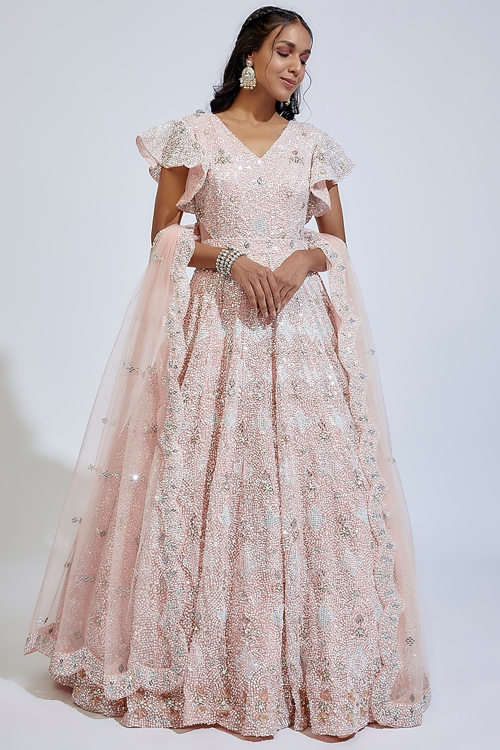 Pink Organza Embroidered Wedding Gown With Dupatta by Kalighata at Pernia's Pop Up Shop