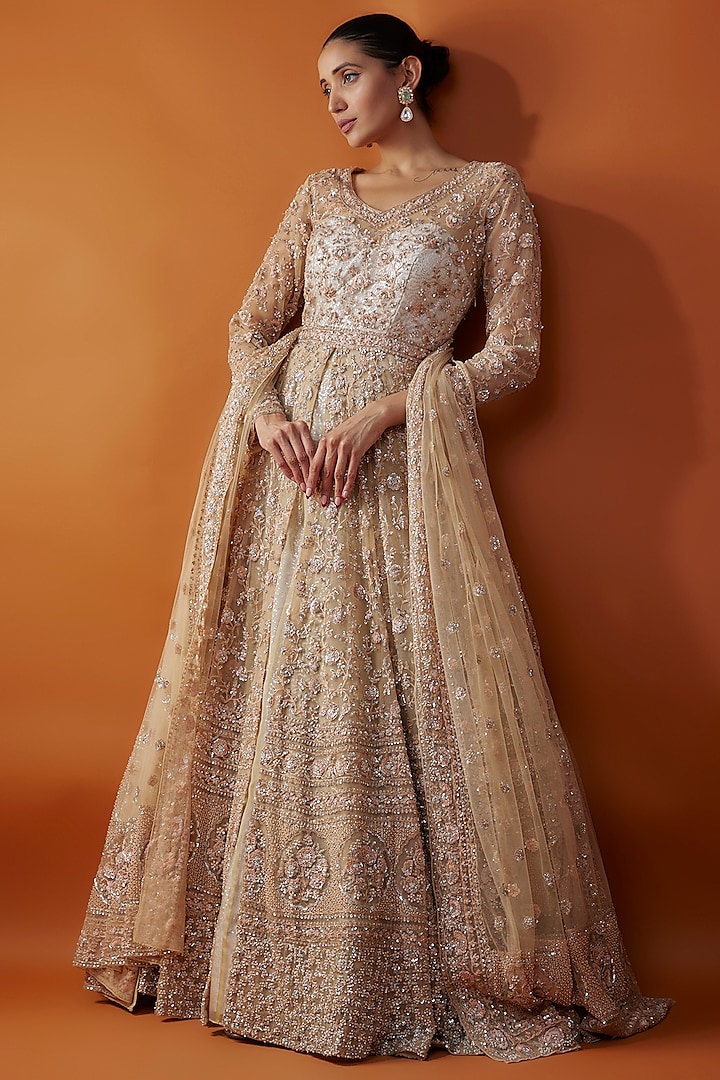 Gold Organza Sequins & Cutdana Hand Embroidered Jacket Bridal Lehenga Set by Kalighata at Pernia's Pop Up Shop
