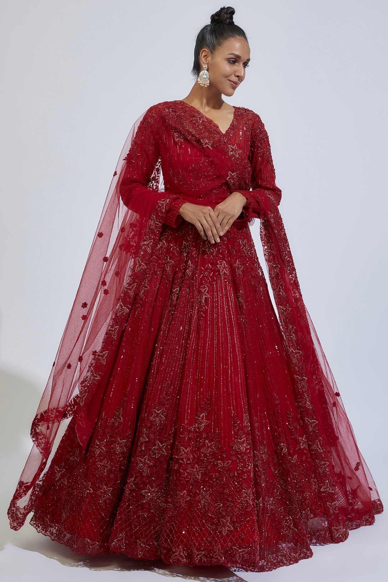 Showstopper Malaika Arora in Kalki's Ruby Red Embroidered Net Gown with  Feather Sleeves