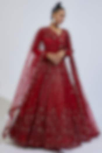 Red Net Embroidered Gown With Dupatta by Kalighata at Pernia's Pop Up Shop