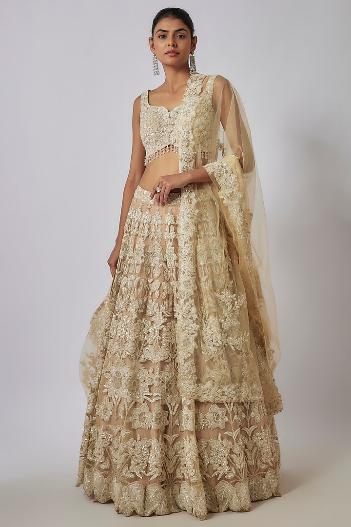 Ivory Organza Applique Embroidered Bridal Lehenga Set by Kalighata at Pernia's Pop Up Shop