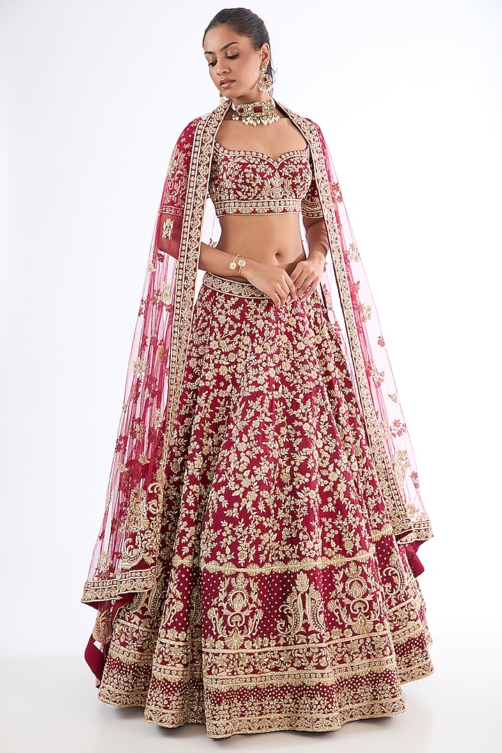 Maroon Raw Silk Hand & Machine Embroidered Bridal Lehenga Set by Kalighata at Pernia's Pop Up Shop