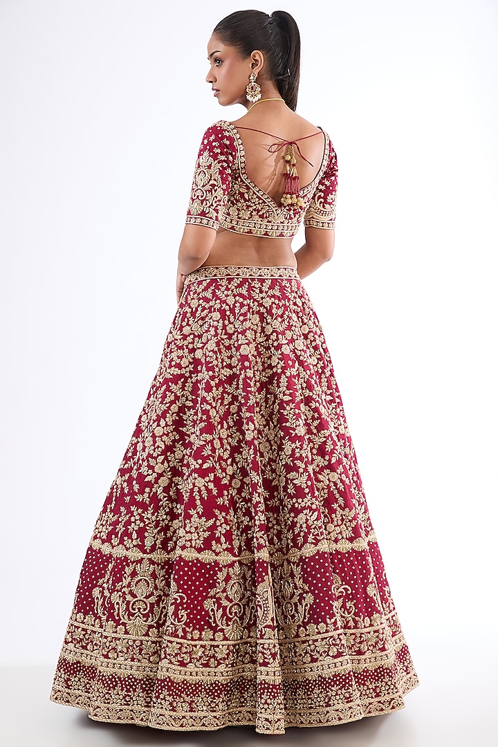 Maroon Raw Silk Hand & Machine Embroidered Bridal Lehenga Set by Kalighata at Pernia's Pop Up Shop