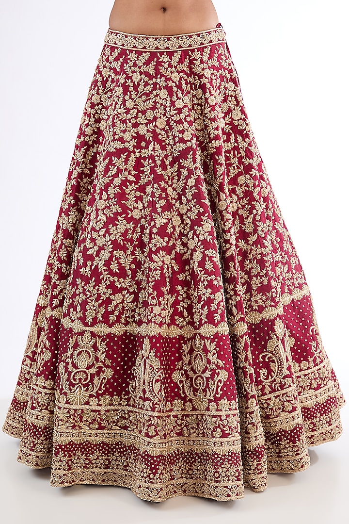 Maroon Raw Silk Hand & Machine Embroidered Bridal Lehenga Set by Kalighata at Pernia's Pop Up Shop