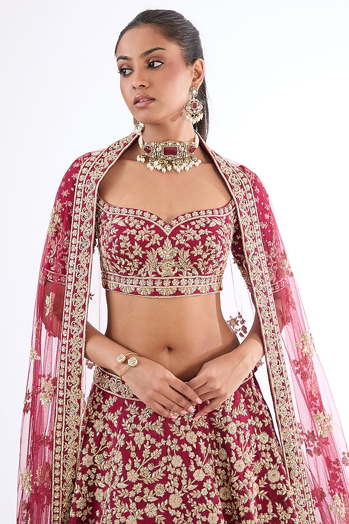 Maroon Raw Silk Hand & Machine Embroidered Bridal Lehenga Set by Kalighata at Pernia's Pop Up Shop