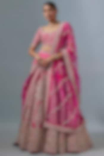 Rani Pink Raw Silk Hand & Machine Embroidered Bridal Lehenga Set by Kalighata at Pernia's Pop Up Shop