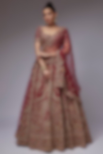 Maroon Raw Silk Hand Embroidered Bridal Lehenga Set by Kalighata at Pernia's Pop Up Shop