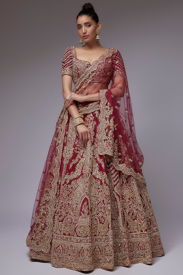 Maroon Raw Silk Hand Embroidered Bridal Lehenga Set by Kalighata at Pernia's Pop Up Shop
