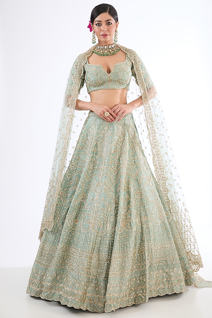 Dusty Firoza Raw Silk Zardosi Machine Embroidered Bridal Lehenga Set by Kalighata at Pernia's Pop Up Shop