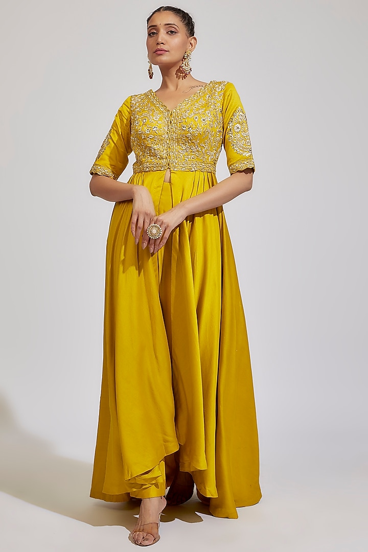 Yellow Chanderi Embroidered Anarkali Set by Kalighata