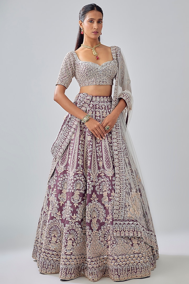 Purple Velvet Hand Embroidered Bridal Lehenga Set by Kalighata at Pernia's Pop Up Shop