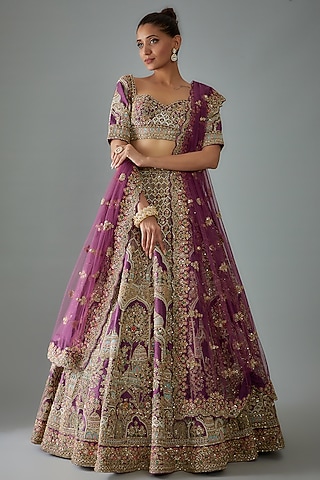 Purple Raw Silk Hand Embroidered Lehenga Set by Kalighata