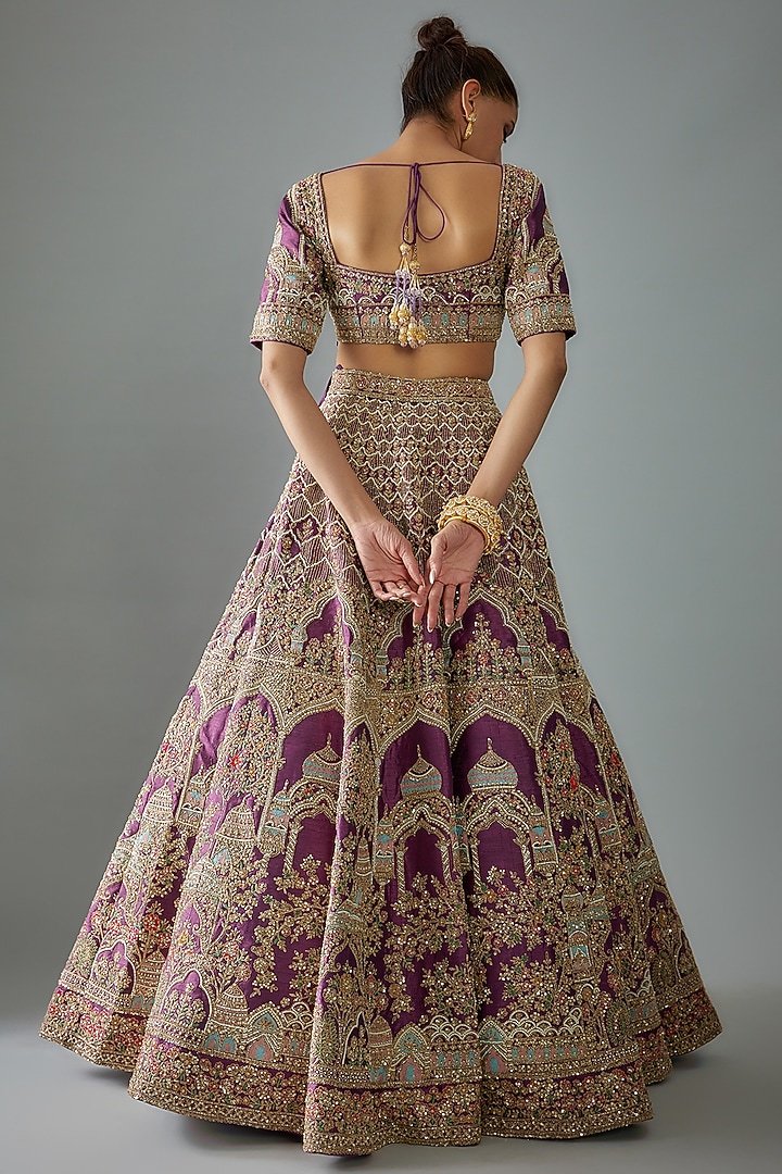 Purple Raw Silk Hand Embroidered Bridal Lehenga Set by Kalighata at Pernia's Pop Up Shop