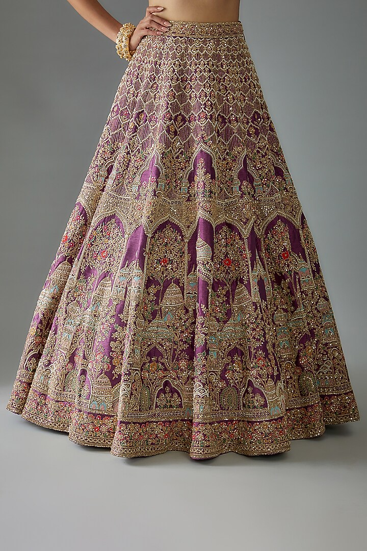 Purple Raw Silk Hand Embroidered Bridal Lehenga Set by Kalighata at Pernia's Pop Up Shop