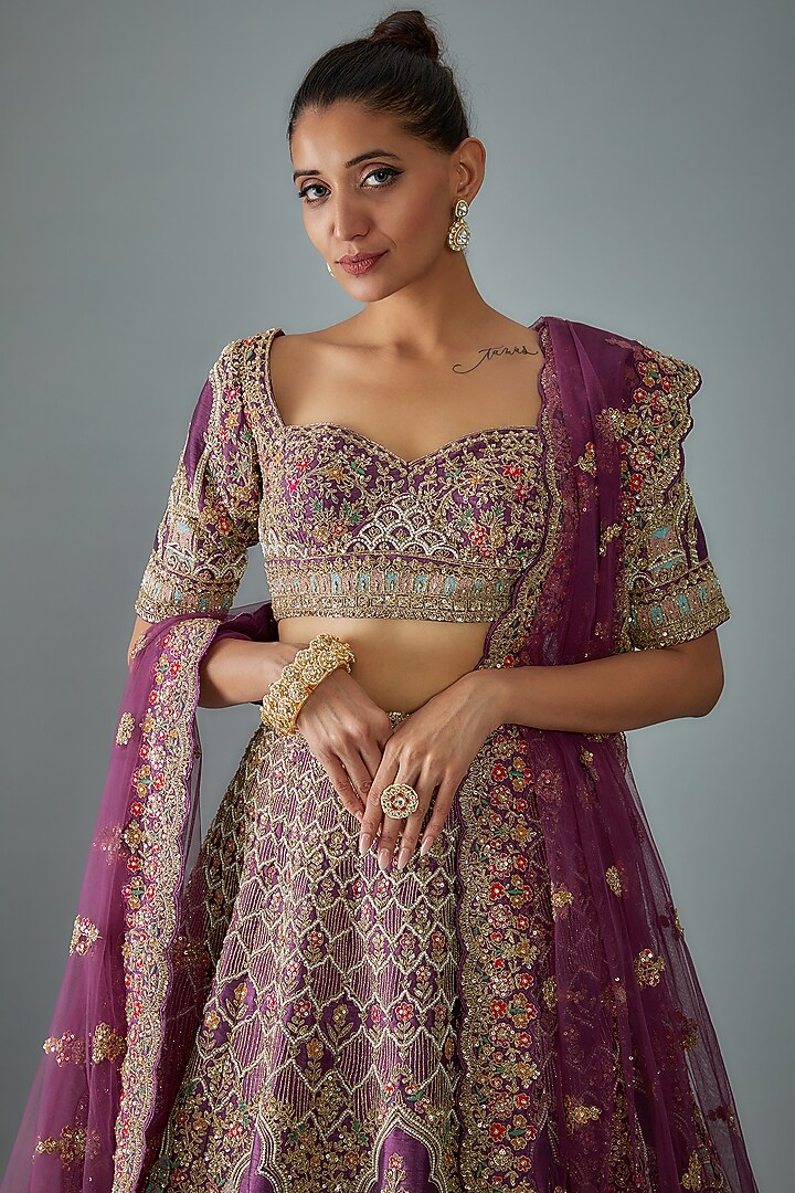 Purple Raw Silk Hand Embroidered Bridal Lehenga Set by Kalighata at Pernia's Pop Up Shop