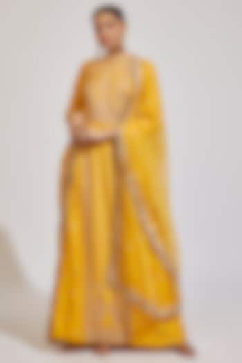 Yellow Chanderi Embroidered Anarkali Set by Kalighata