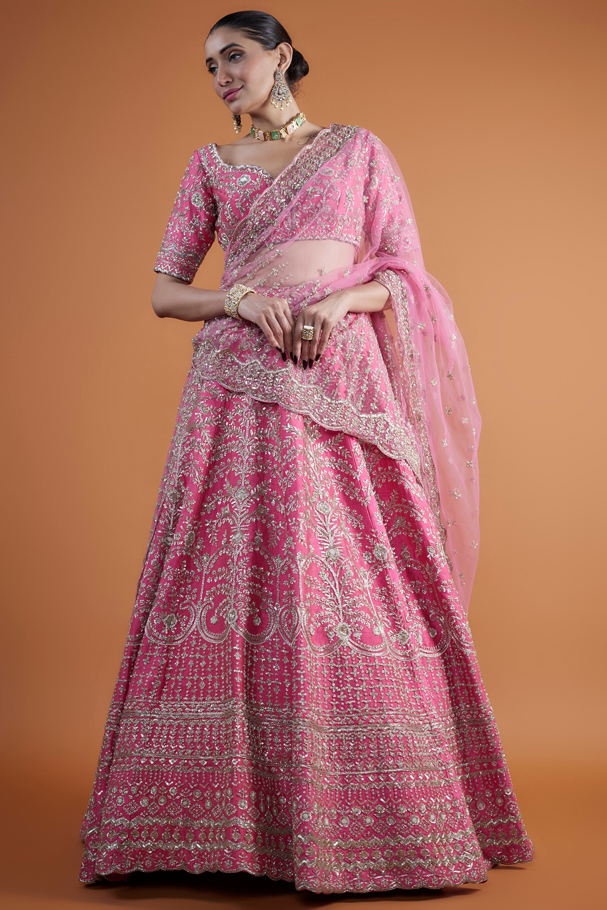 Rani Pink Printed Lehenga Set With Blouse & Dupatta – Estie Couture