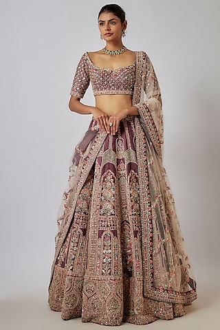 Purple Raw Silk Sequins & Thread Hand Embroidered Lehenga Set by Kalighata