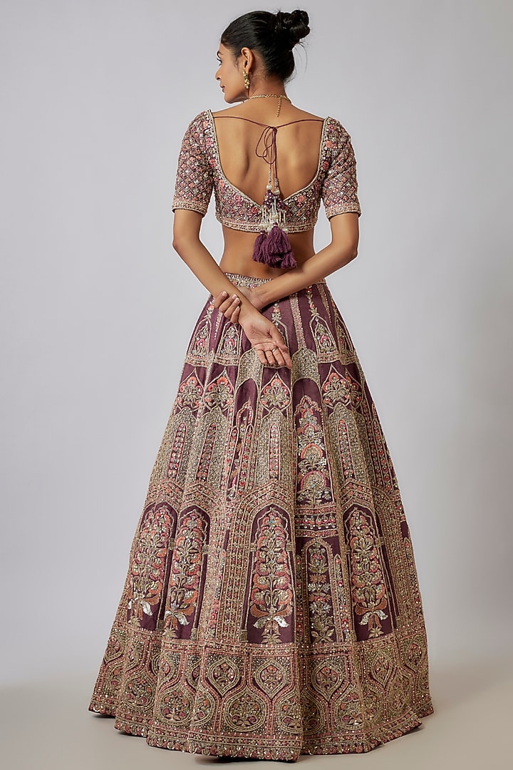 Purple Raw Silk Sequins & Thread Hand Embroidered Bridal Lehenga Set by Kalighata at Pernia's Pop Up Shop