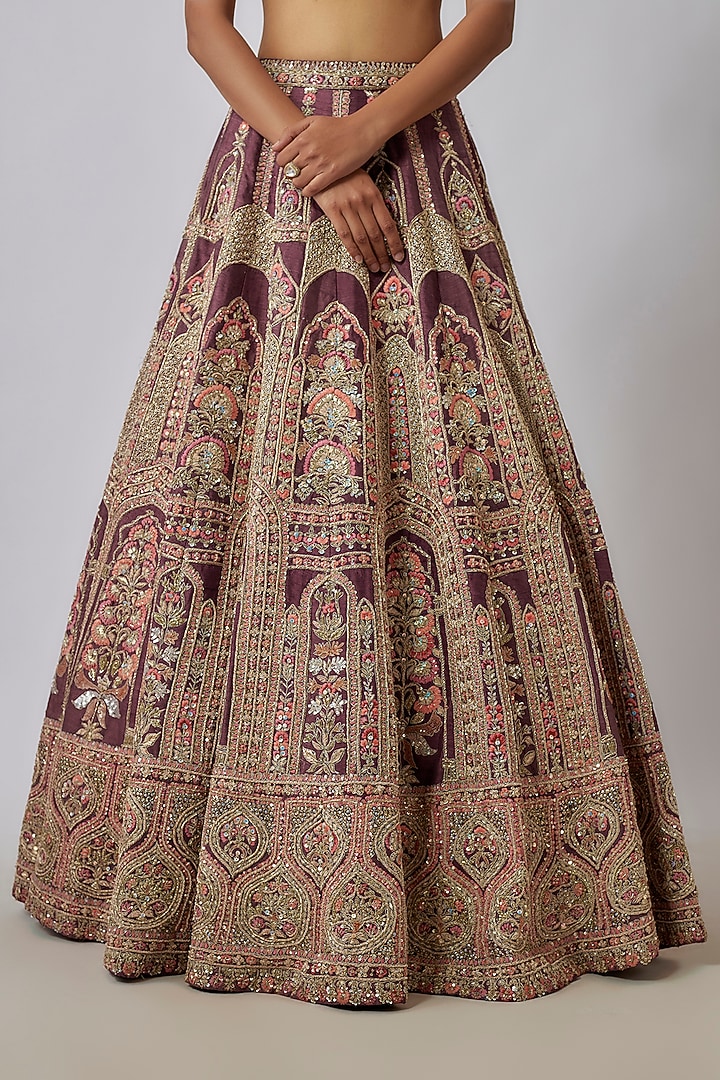 Purple Raw Silk Sequins & Thread Hand Embroidered Bridal Lehenga Set by Kalighata at Pernia's Pop Up Shop