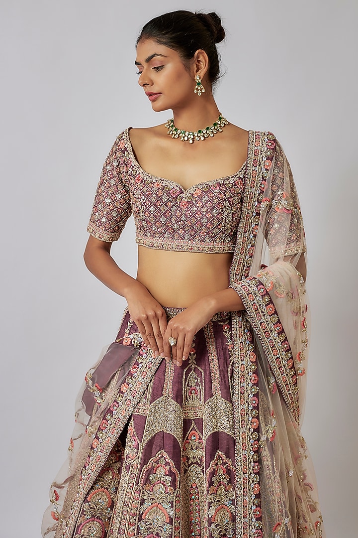 Purple Raw Silk Sequins & Thread Hand Embroidered Bridal Lehenga Set by Kalighata at Pernia's Pop Up Shop