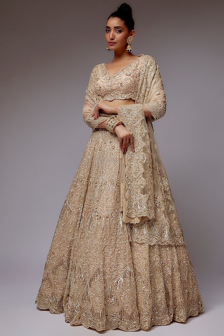 Beige Organza Hand Embroidered Bridal Lehenga Set by Kalighata at Pernia's Pop Up Shop