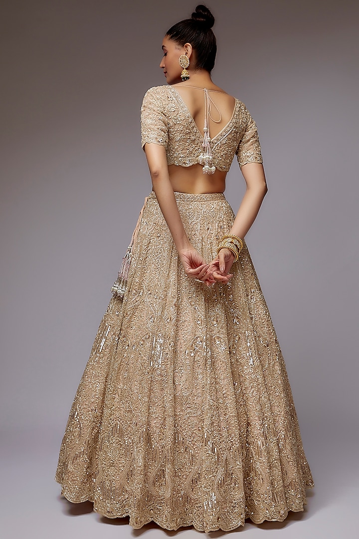 Beige Organza Hand Embroidered Bridal Lehenga Set by Kalighata at Pernia's Pop Up Shop