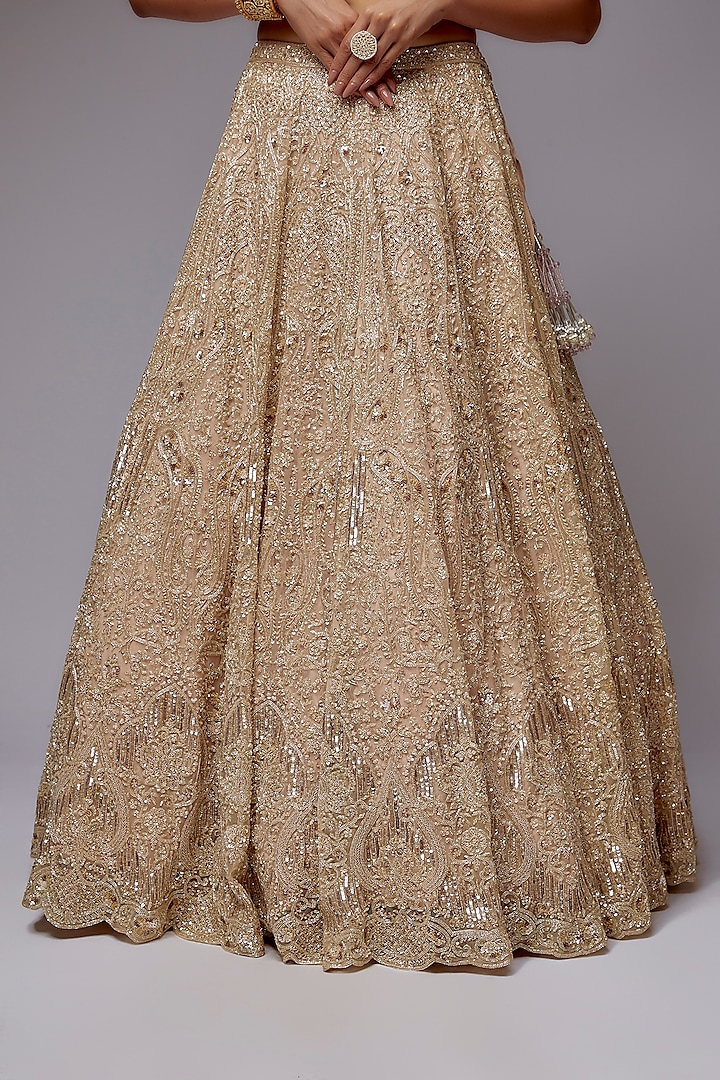 Beige Organza Hand Embroidered Bridal Lehenga Set by Kalighata at Pernia's Pop Up Shop