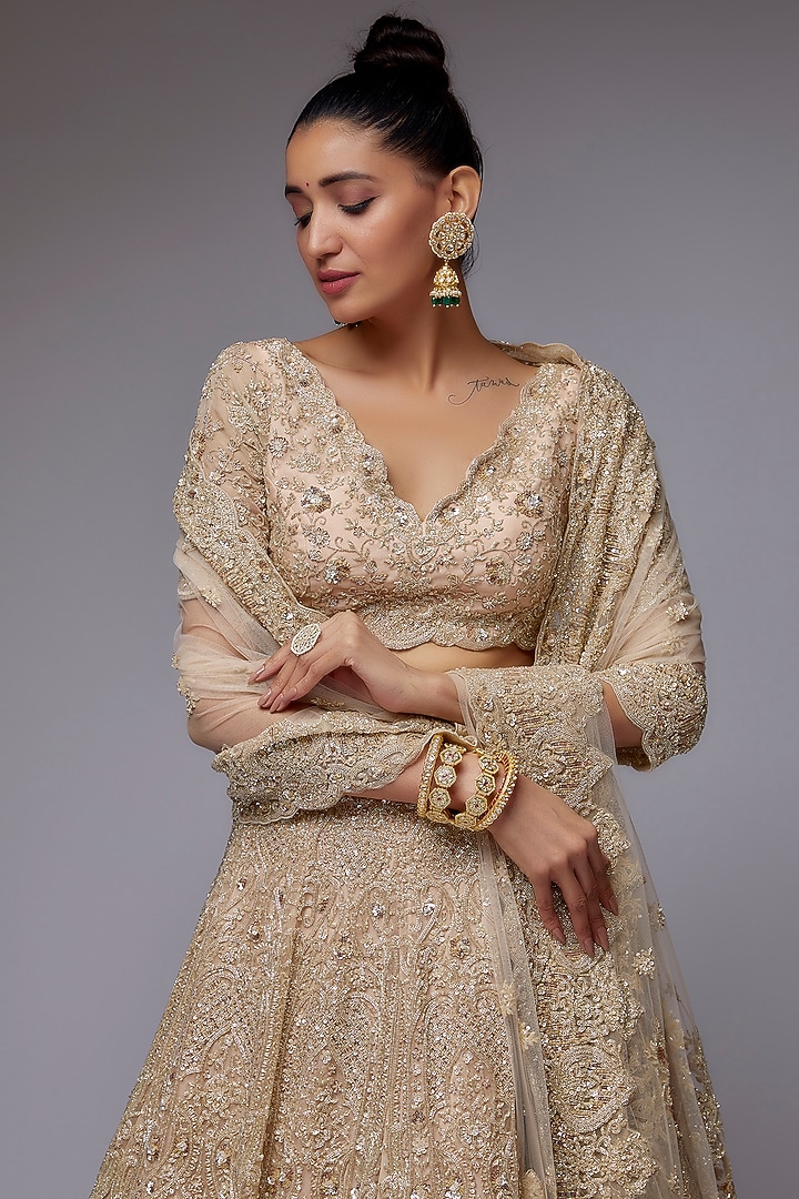 Beige Organza Hand Embroidered Bridal Lehenga Set by Kalighata at Pernia's Pop Up Shop