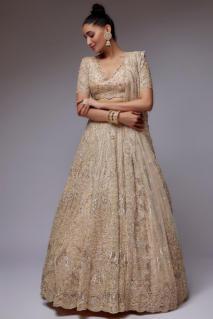 Beige Organza Hand Embroidered Bridal Lehenga Set by Kalighata at Pernia's Pop Up Shop