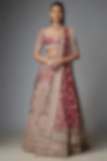 Maroon Raw Silk Embroidered Bridal Lehenga Set by Kalighata at Pernia's Pop Up Shop